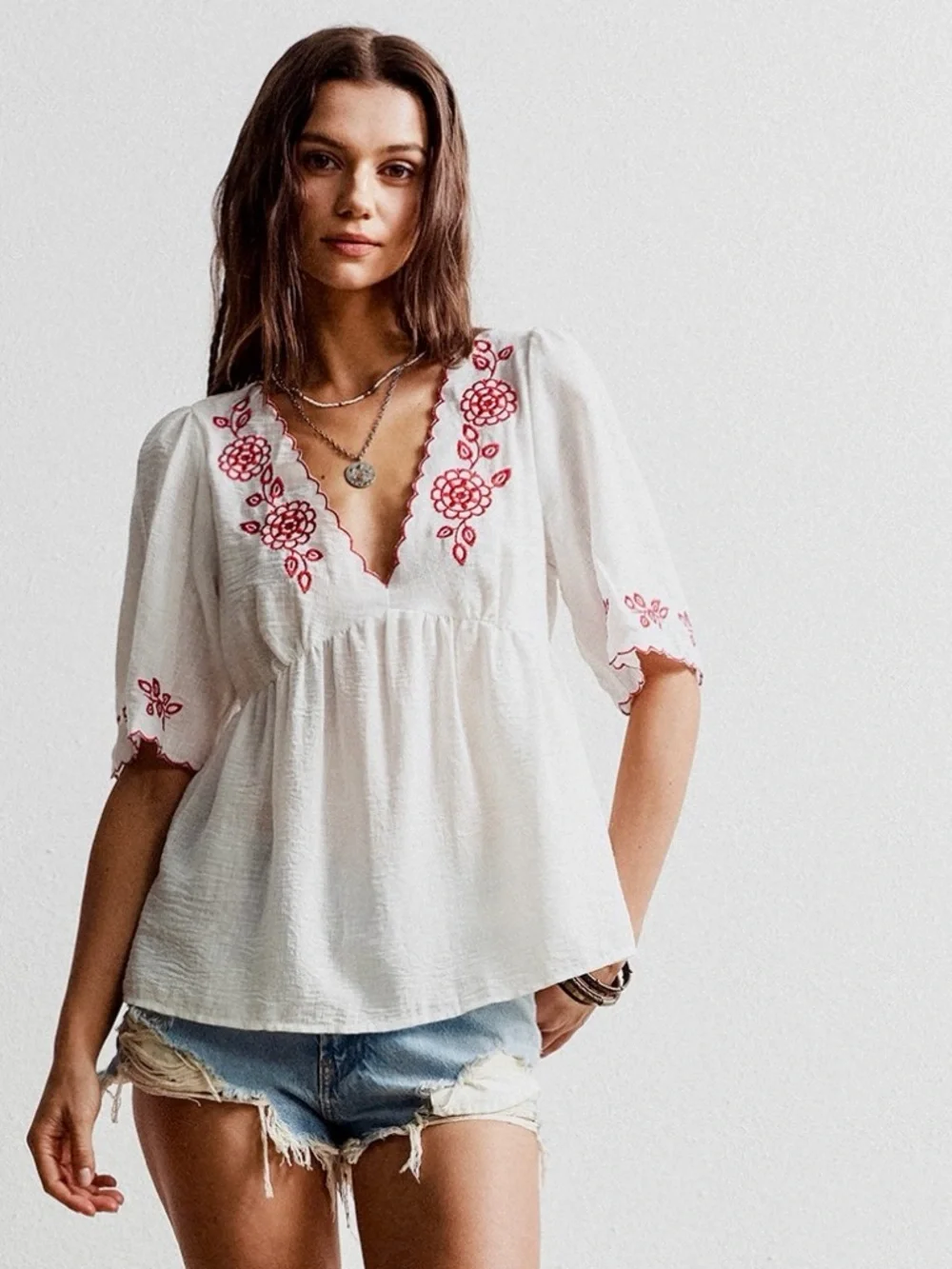 ♥️Hello Gorgeous! Embroidered Floral V-Neck Blouse - White